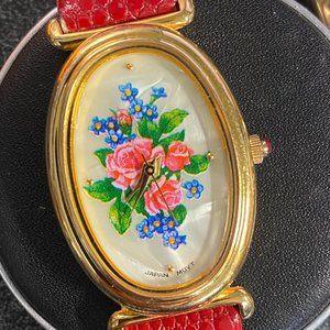 Vintage Flowers on Valentines by Avon Gold Tone Watch with a Rose Bouquet
